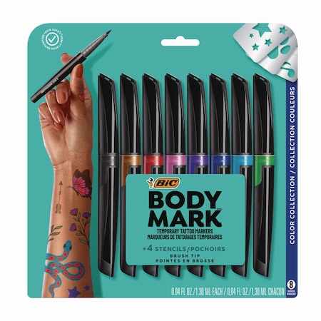 Bic BodyMark Temporary Tattoo Markers, Fine Brush Tip, Assorted Colors, 8PK MTBLCP81-A-AST