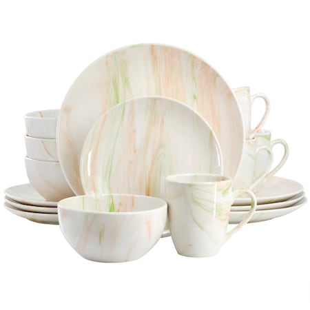 Elama Fine Marble 16 Piece Porcelain Dinnerware Set in Orange and Green EL-FINEMARBLE-OG