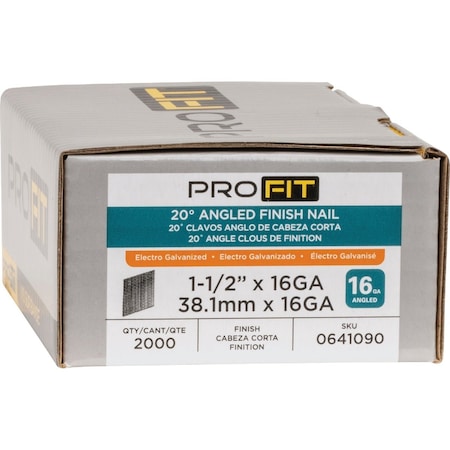 Pro-Fit 1-1/2'' 16 Gauge Electro Galvanized 20 Degree Angled Finish Nail, 2000 Ct. 641090