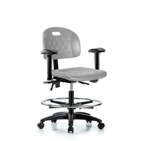 Blue Ridge Ergonomics Poly Chair-Medium Bench Height with Seat Tilt, Adj Arms, Chrome Foot Ring, &Casters in Gray Poly HPMBCH-RG-T1-A1-CF-RC-GRY