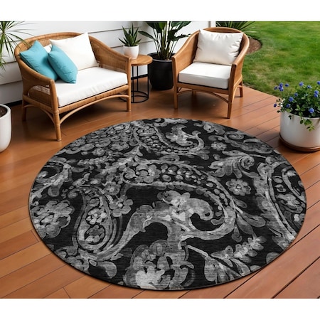 Homeroots 8' Black Gray And Charcoal Round Paisley Washable Indoor Outdoor Area Rug 588632