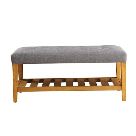Homeroots 40in Gray and Brown Linen Blend and Solid Wood Upholstered Storage Bench With Shelves 286432