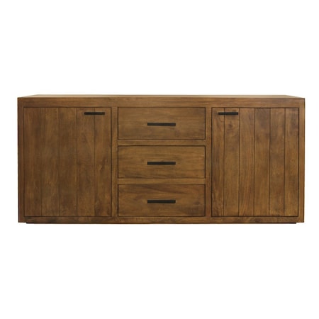 Homeroots 71in Chestnut Distressed Solid Wood Three Drawer Sideboard with Two Doors 612040