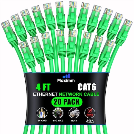 Maximm Cat6 Ethernet Cable 4ft 10Gbps 550MHz UTP, 20PK, Green, 20PK CAT6CCA-4GN-20PK