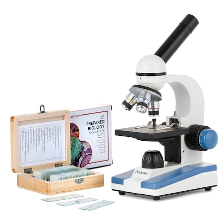 Amscope M150 Portable Student Monocular Compound Microscope 40X-1000X w/LED and 25 Prepared Slides M150C-PS25