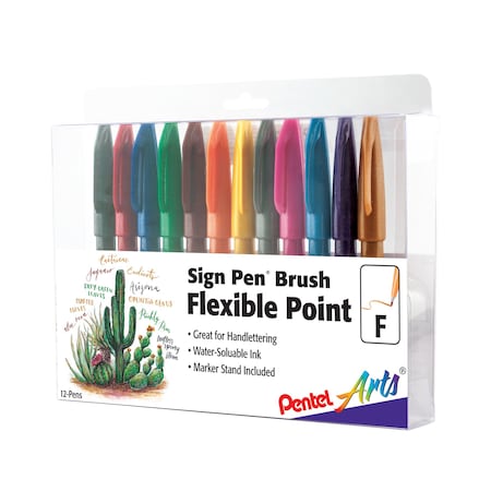 Pentel Sign Pen Brush Tip, Assorted Ink Colors, 12-Piece Set in Plastic Box SES15CPC12