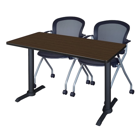 Regency Cain T-Base Training Seminar Table W/ 2 Cadence Stack Chairs, 48 in W, 24 in L, Neo Walnut MTRCT4824NW23BK