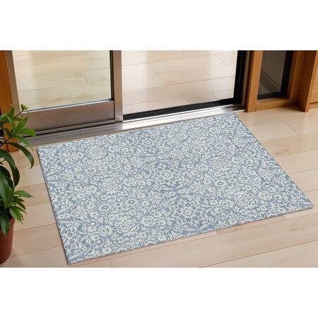 Homeroots 3' X 5' Denim Blue And Ivory Damask Washable Indoor Outdoor Area Rug 595133
