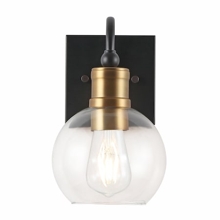 Jonathan Y Marais 5.88" 1-Light Iron/Glass Rustic Vintage LED Vanity Light, Black/Brass Gold JYL3526A