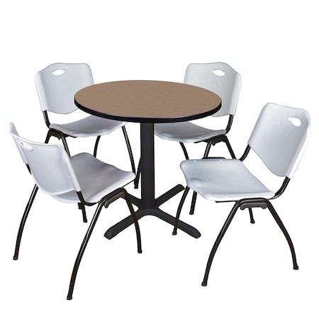 Regency Round Cain Breakroom Table W/ 4 M Stack Chairs, 30 in W, 30 in L, Noble Oak TB30RNDNO47GY
