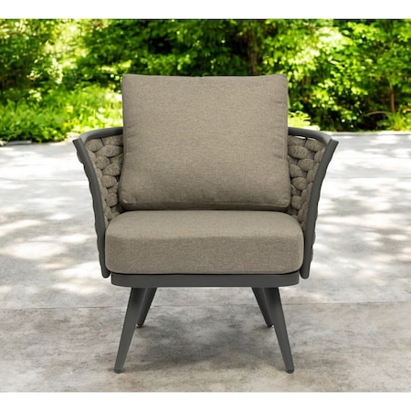 Homeroots 32" Gray And Taupe Woven Aluminum Outdoor Arm Chair with Taupe Cushion 556638