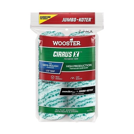 Wooster Ciruus X Series RR333-4 Jumbo-Koter Roller Cover, 1/2in Thick Nap, 4-1/2in L, Polyamide Cover, 2PK RR333-4 1/2