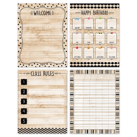 Creative Teaching Press Core Decor Black, White, and Wood Classroom Essentials 4-Chart Set 10990