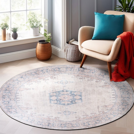 World Rug Gallery Vintage Bohemian Machine Washable Non Slip Area Rug 8 ft Round Beige 6024BEIGE8RND