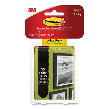 Command Bath Picture Hanging Strips, Large, Removable, Holds Up to 4 lbs per Pair, 0.75 x 3.65, Black, 12PK 17206BLK-12ES