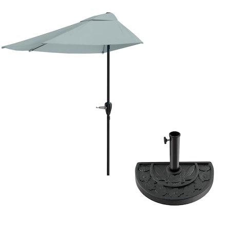 Pure Garden 9 ft Half Patio Umbrella with 20lb Base and Easy Crank, Light Green Shade 50-LG1045B