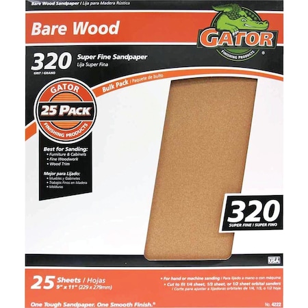Gator Blade Bare Wood 9''x11'' 320 Grit Extra Fine Sandpaper, 25PK 4222