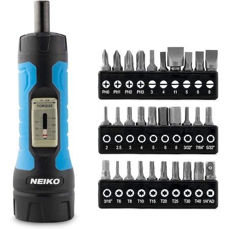 Neiko 1/4'' Drive S2 Steel Torque Wrench Screwdriver Set, 30-Pieces, 10-60 In-Lbs Range 10574A