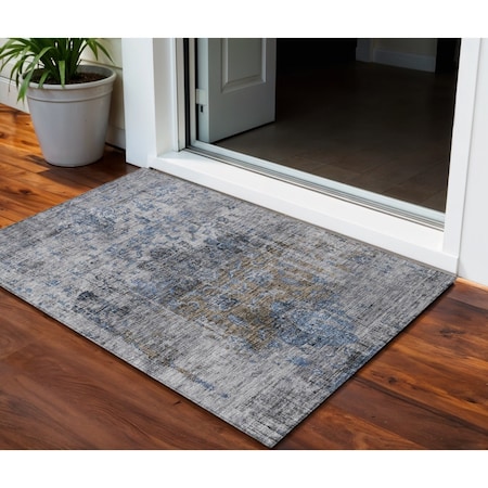 Homeroots 3' X 5' Blue And Gray Floral Washable Indoor Outdoor Area Rug 605073