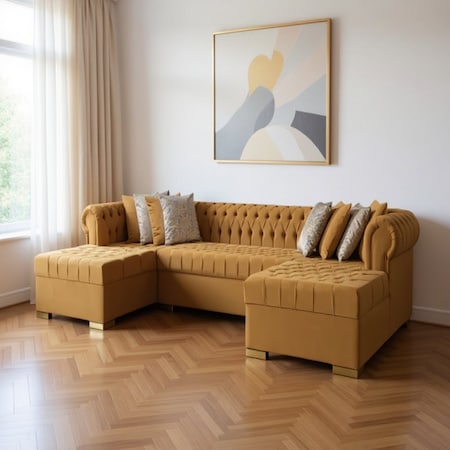 Homeroots Mustard Velvet U Shaped Three Piece Sofa and Chaise Sectional With Toss Pillows 643890