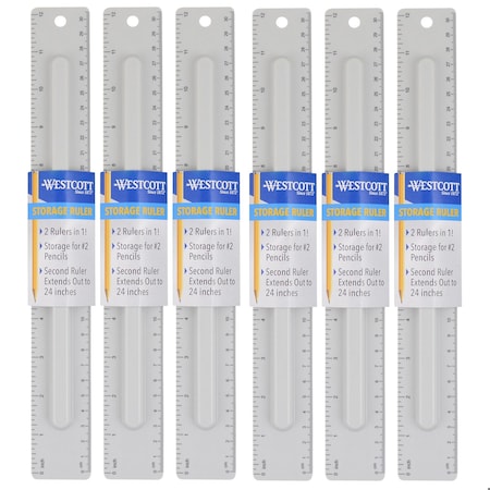 Westcott Ruler with Pencil Storage, 2-Piece, 12in., 6PK 17355