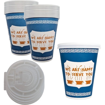 Ecoquality 8oz Insulated Paper Hot Cups With White Flat Lids New York Greek Design Cups, 150PK EQ8OZANGPCWFL-150