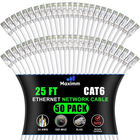 Maximm Cat6 Ethernet Cable 25ft 10Gbps 550MHz UTP, 50PK, White, 50PK CAT6CCA-25WH-50PK