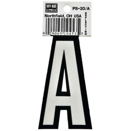 Hy-Ko Reflective Letter, Character: A, 3-1/4 in H Character, Black/White Character, Vinyl PS-20/A