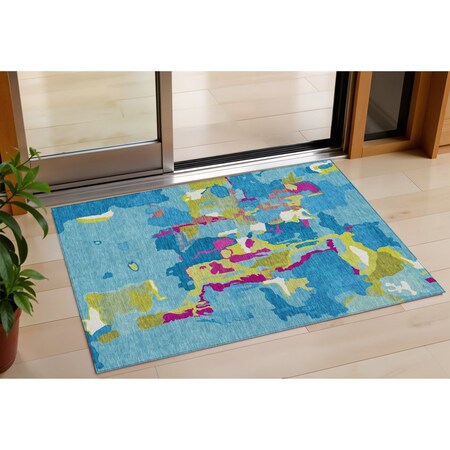 Homeroots 3' X 5' Aqua Green And Pink Abstract Washable Indoor Outdoor Area Rug 599532
