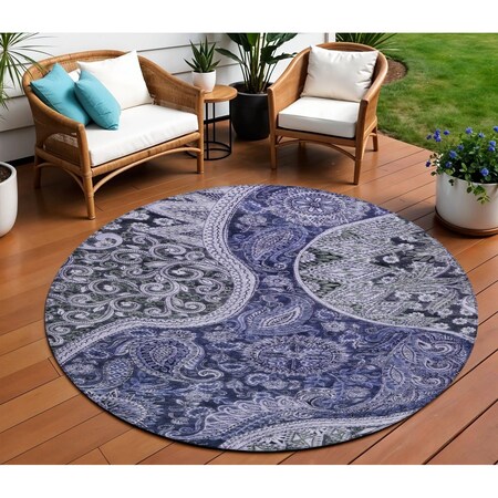 Homeroots 8' Navy Blue Gray And Green Round Floral Medallion Washable Indoor Outdoor Area Rug 603181