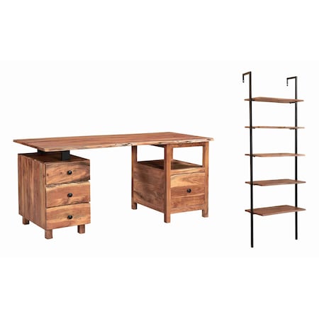 Homeroots 69" Brown Solid Wood Wall Mounted Writing Desk and Bookshelf Set With Four Drawers 634359