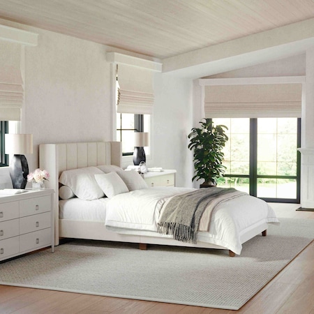 Martha Stewart Kay Full Upholstered Platform Bed w/Channel Stitched Wingback Headboard/Cushioned Siderails, Beige TW-3WDB03B-F-BG-MS