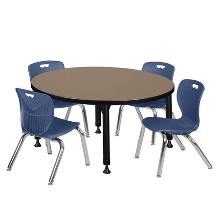 Regency Round Kee Adjustable Classroom Table W/ 4 Andy Stack Chairs, 36 in W, 36 in L, Noble Oak TB36RNDNOAPBK45NV