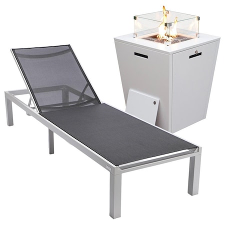 Leisuremod Marlin Modern White Aluminum Patio Chaise Lounge Chair with Square Fire Pit Side Table, Black MLWCF21-77BL