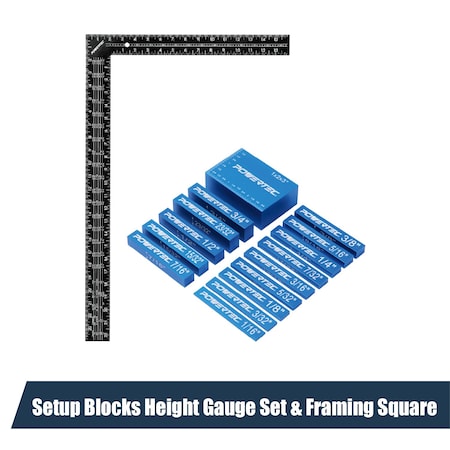 Powertec 15pcs Setup Blocks Height Gauge Set & 16 x 24 Inch Steel Framing Square for Woodworking 72230