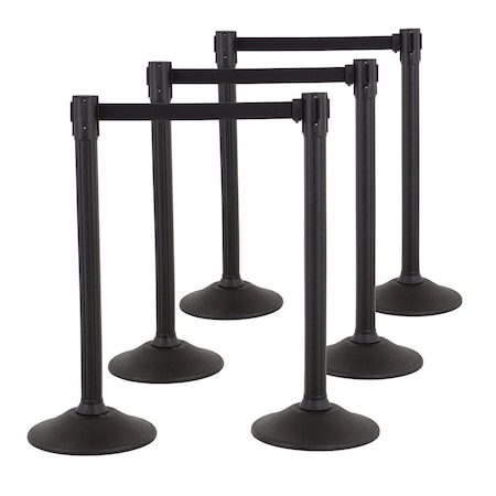 Us Weight Black Plastic Stanchion for Crowd Control with 11' Retractable Black Barrier Belt, 6PK U2000EXTPK6