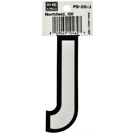 Hy-Ko Reflective Letter, Character: J, 3-1/4 in H Character, Black/White Character, Vinyl PS-20/J