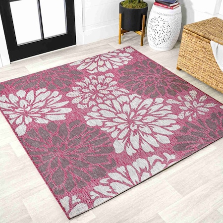 Jonathan Y Zinnia Modern Floral Textured Weave Fuchsia/Light Gray 5 ft Square Indoor/Outdoor Area Rug SMB110F-5SQ