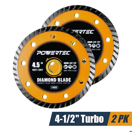 Powertec 4-1/2in Turbo Diamond Saw Blade for Angle Grinder, for Cutting Concrete, Granite - 2PK 14005-P2