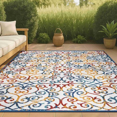 Jonathan Y Atrani Scroll Trellis Cream/Blue/Red 5 ft. x 8 ft. Indoor/Outdoor Area Rug AMC110A-5