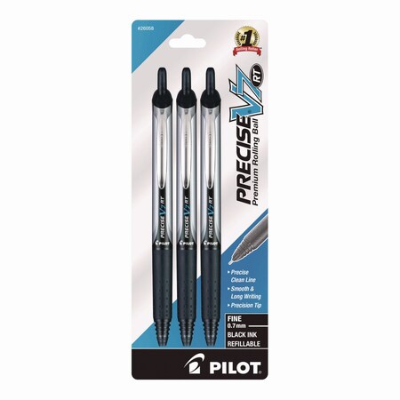 Pilot Precise V7RT Rollerball Pen, Retractable, Fine 0.7 mm, Black Ink, Black Barrel, 3PK 26058