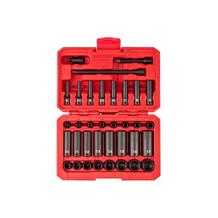 Tekton 1/4'' Drive 12-Point Impact Socket Set with Case, 35-Piece, 4-17 mm SID90405