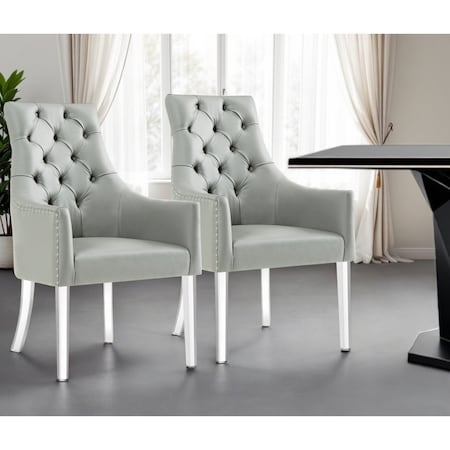 Homeroots Set of Two Tufted Gray and Clear Upholstered Faux Leather Dining Arm Chairs 543544