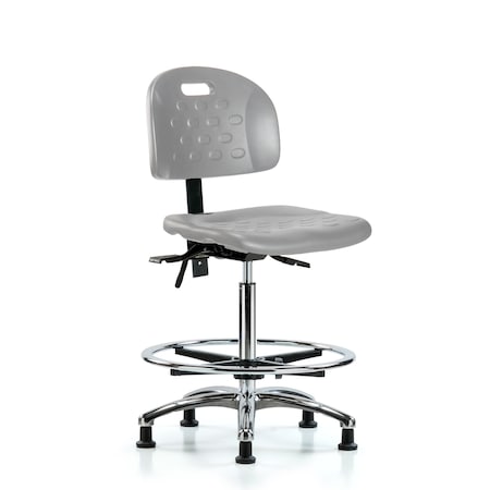 Blue Ridge Ergonomics Poly Chair Chrome - High Bench Height with Chrome Foot Ring & Stationary Glides in Gray Poly HPHBCH-CR-T0-A0-CF-RG-GRY