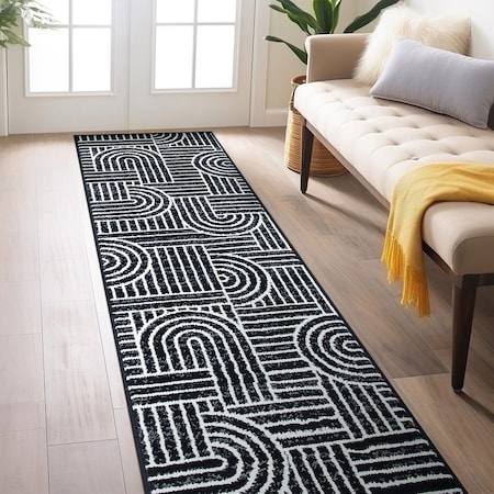 World Rug Gallery Contemporary Stripe Arch Design Runner Rug 2 ft x 7 ft Black 3017BLACK2X7
