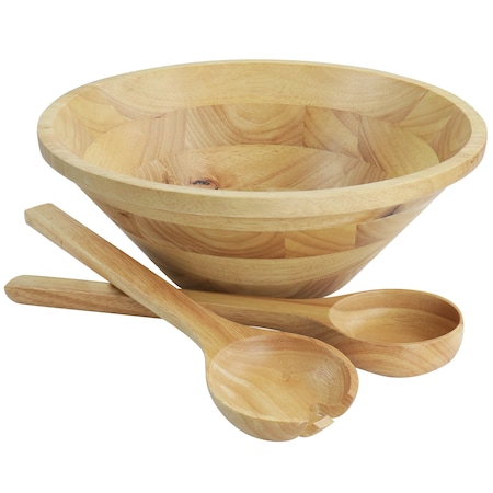 Martha Stewart Coban 3 Piece Rubber Wood Salad Bowl and Servers in Light Brown 134075.03