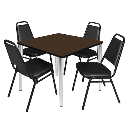 Regency Square Kahlo Breakroom Table W/ 4 Restaurant Stack Chairs, 42 in W, 42 in L, Neo Walnut TPL4242NWCM29BK