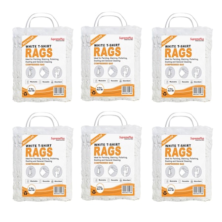 Supremeplus Recycled White Knit T-Shirt Cleaning Rags, 4 lbs. Bag, Pack of 6, 6PK SP-8131