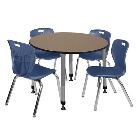 Regency Round Kee Adjustable Classroom Table W/ 4 Andy Stack Chairs, 48 in W, 48 in L, Noble Oak TB48RNDNOAPGY40NV