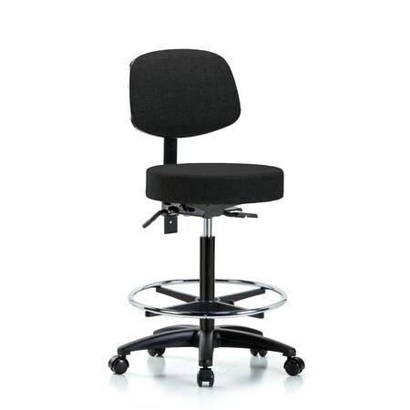 Blue Ridge Ergonomics Rutledge Fab Stool with Back-High Bench Height with Seat Tilt, Chr Foot Ring, andCasters in Black Fab BR-FHBST-RG-T1-CF-RC-F42